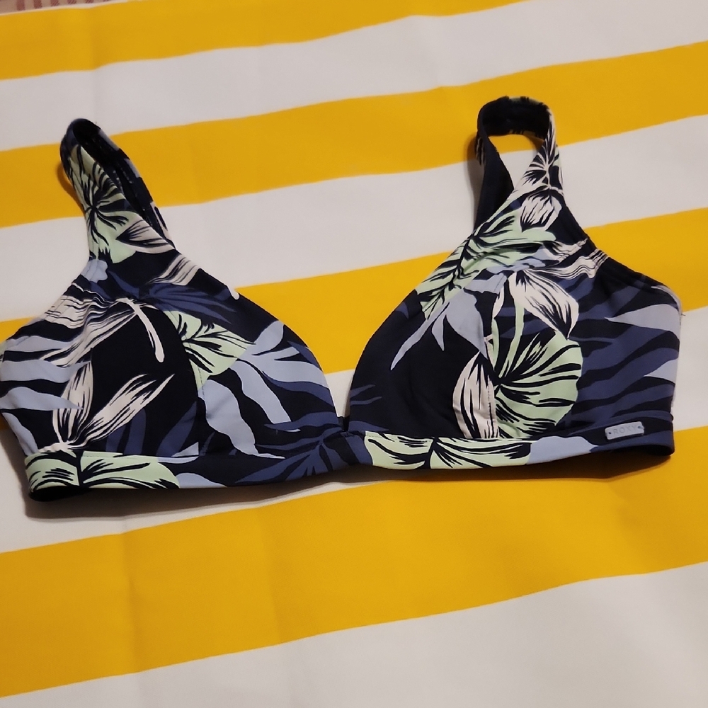 Roxy Blue and Green Leaf Print Bikini Top